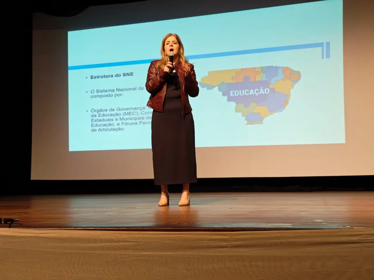 Marcia Baldini apresentando um slide com o mapa do Brasil sobre o Plano Nacional de Educação