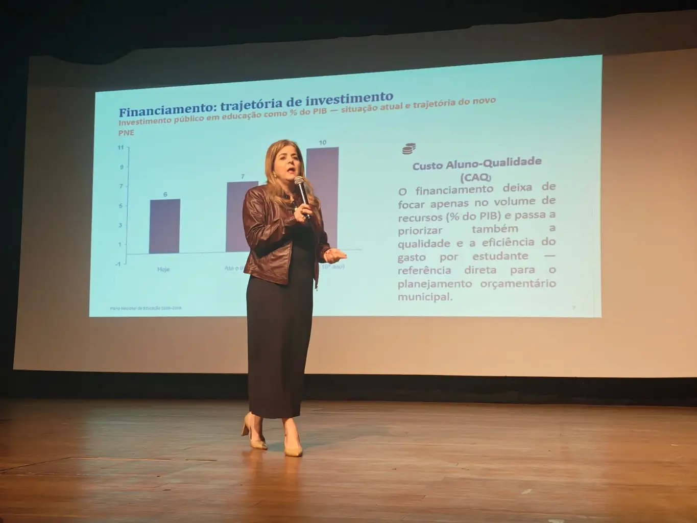 Marcia Baldini apresentando um gráfico de financiamento da educação num auditório
